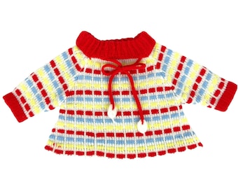 Acrylic Infant Sweater 0-3 mos Red Stripe Knit Bow Vintage 60s 70s Made In Korea