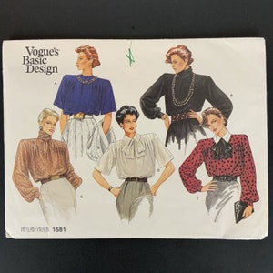 Vogue 1581 Womens Blouse Size 14 Shoulder Pads Pleats Collar Variations 1980s Sewing Pattern UNCUT