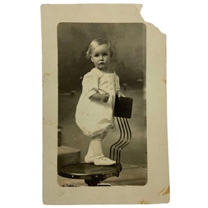 Vintage 1910s Real Photo Postcard Of Toddler On Metal Chair Unposted