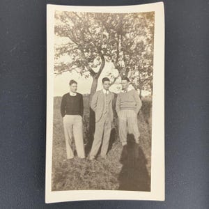Vintage Snapshot Photograph Three Preppy Men Outdoors Black White c1930-40s