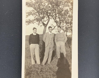 Vintage Snapshot Photograph Three Preppy Men Outdoors Black White c1930-40s