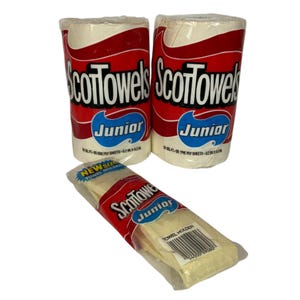 Conjunto de toalhas de papel vintage Scottowels Junior, dois rolos e suporte de plástico, 1983, EUA