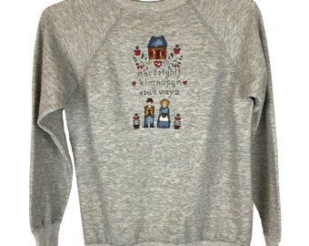 Needlepoint Sampler Sweatshirt Size Small Gray Heather Pullover Cotton Blend Vtg 80s