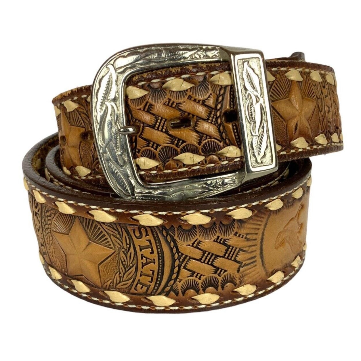 Brazos Joe Belt Co Mens Western Belt Sz 42 Brown Texas State Seal