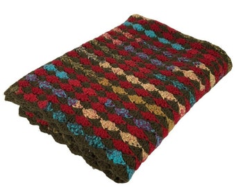 Hand Knitted Afghan Lap Blanket Throw 40x66 Jewel Tones Diamond Pattern Boho