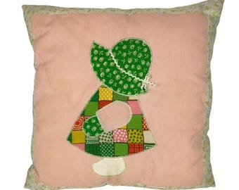 Sunbonnet Sue Handmade Patchwork Throw Pillow Pink Green Calico Seersucker Vintage