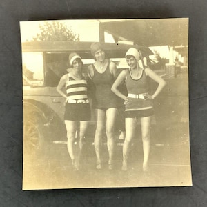 Vintage 1930s Black & White Snapshot Of Women In Swimsuits Posing By Car Photo