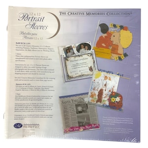 May include: A package of 12x12 portrait sleeves for use in Creative Memories albums. The package features a variety of photos and artwork, including a preschool certificate, a child's drawing, and a newspaper clipping. The text on the package reads "The Creative Memories Collection" and "Refill RCM-12P5".