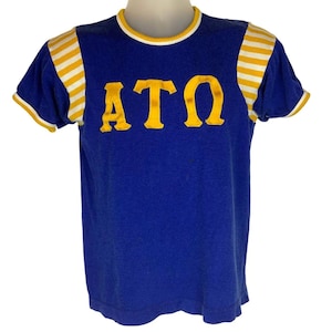 Vintage 1960s Alpha Tau Omega ATO Fraternity Ringer Shirt Blue Gold Knit FLAWS