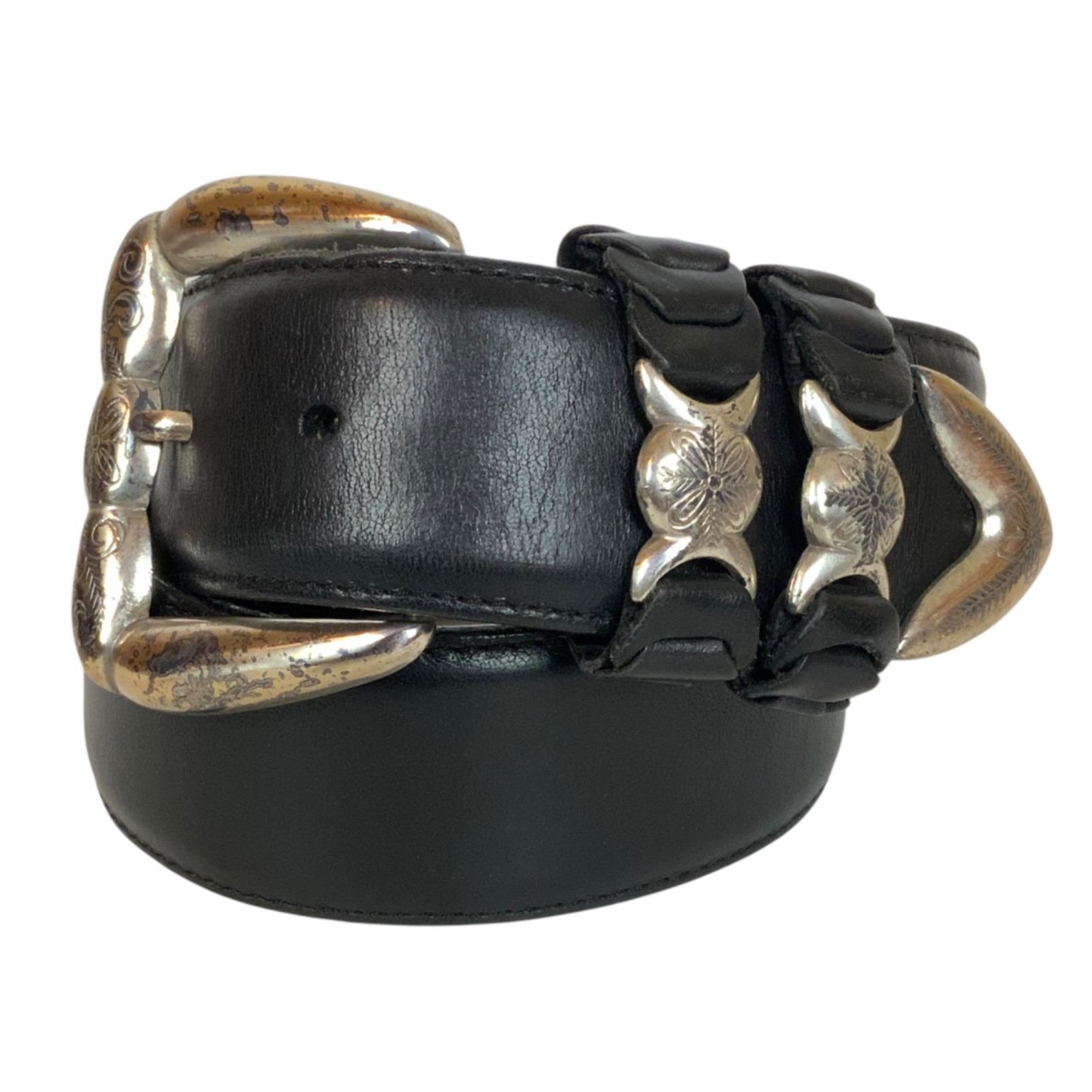 Vintage Brighton 1992 Western Black Concho Leather Belt Silver Buckle Medallions Brighton Leather Belt Concho Black Western Silver Heart  main image 3
