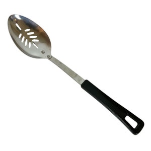 Ekco Stainless Steel Cooking Serving Slotted Spoon Black Nylon Handle Japan Vtg