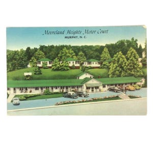 Carte postale en lin des années 30, Mooreland Heights Motor Court Motel Murphy NC, non arrimée