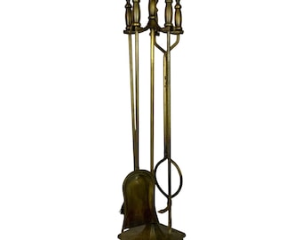 Vintage Brass 4-Piece Fireplace Tools Set With Stand The Adams Co Dubuque Iowa