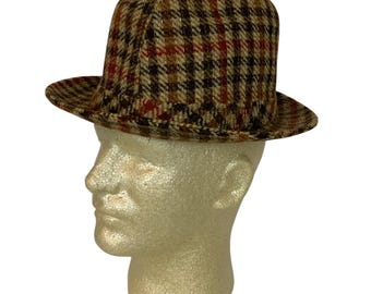 Sombrero fedora vintage LL Bean de lana a cuadros, talla 6 7/8, diseño de cuadros marrones y rojos, años 50