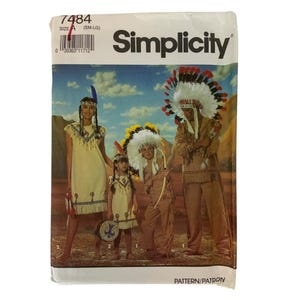May include: Simplicity sewing pattern featuring Native American-inspired costumes. The pattern includes designs for dresses, pants, and headdresses. The package has the number 7484 and the size is SM-LG.