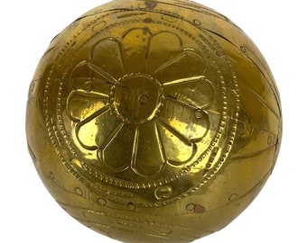 Brass Covered Decorative Ball Embossed Flowers Daisies Handmade Vase Bowl Filler