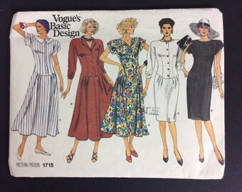 Vogue 1715 Sewing Pattern Misses Dress Size 6 8 10 Basic Design UNCUT 80s