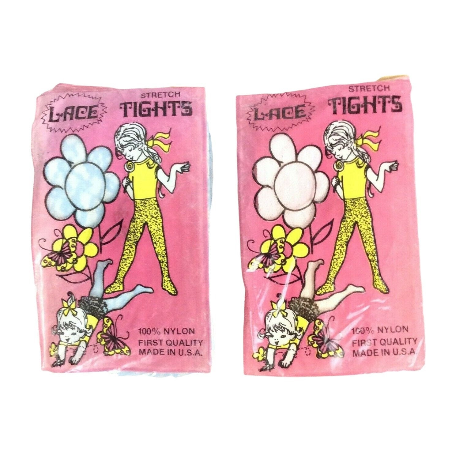 Collants Fille Vintage 60's, Taille 7-10, Bleu Floral, Nylon Résille