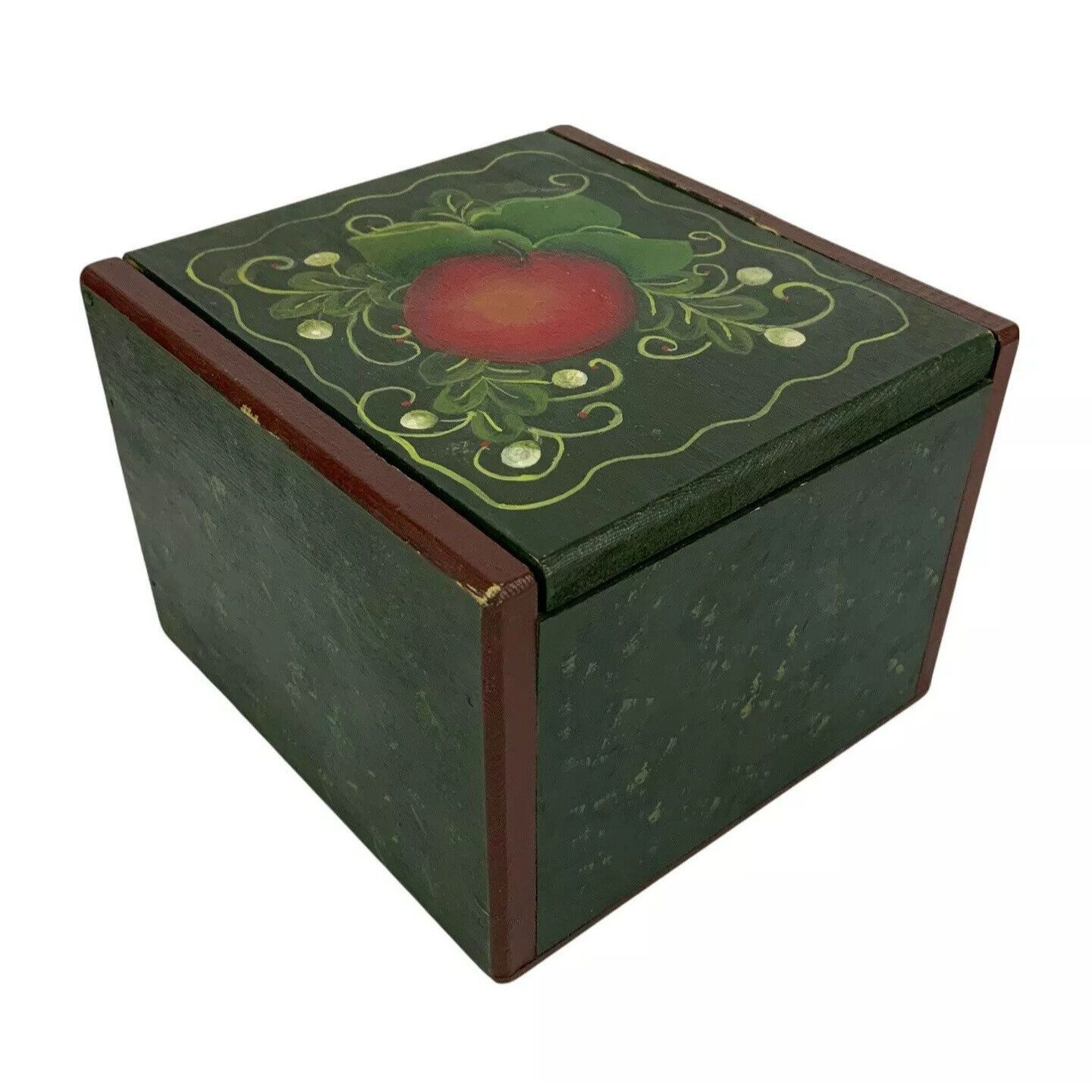 Recipe Card File Box Hand Painted Wood Lid Apple Green Red Country