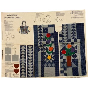 Denimblå sweatshirtjacka Klipp och sy tygpanel Patchwork Tulpaner Stjärnor