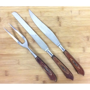 Wood Handle 3 Piece Carving Set Knives Fork Stainless Steel Made In Japan Vtg