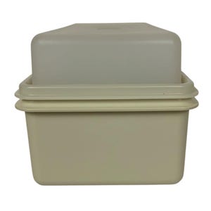 Pode incluir: Um recipiente retangular vintage para armazenamento de alimentos com tampa. O recipiente e a tampa s&atilde;o de cor bege claro. A tampa fica em cima do recipiente, e o recipiente tem uma borda ligeiramente elevada.