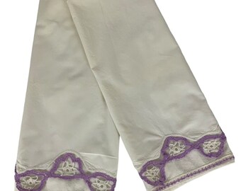 Par de fundas de almohada estándar con borde de ganchillo a mano, algodón blanco púrpura, Vintage
