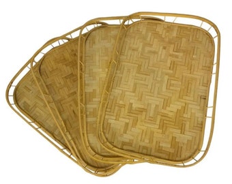 Vintage Woven Rattan Wicker Serving Trays Set Tiki Bar 19x13 Mid Century Boho
