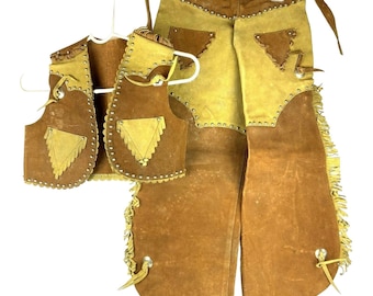 Childrens Western Vest Chaps Suede Leather Studs Fringe Costume Cowboy Cowgirl Schoellkopf Dallas 1950s