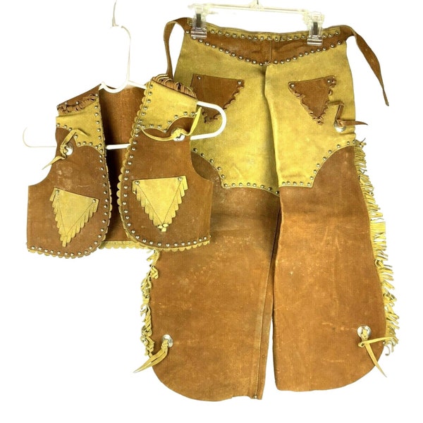 Childrens Western Vest Chaps Suede Leather Studs Fringe Costume Cowboy Cowgirl Schoellkopf Dallas 1950s