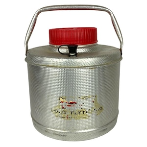 Hamilton Skotch Cold Flyte Aluminum Water Cooler Jug Red Cup Lid Picnic Camping 1950s 60s
