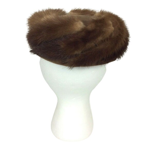 Mink Hat Velvet Pillbox Ladies 22 in Real Fur Bro… - image 3