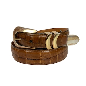 Vintage Packards Crocodile Dress Belt Women 32 Brown Sterling USA Made Western Vintage Crocodile Belt with Covered Buckle - w.kleinberg main image 3