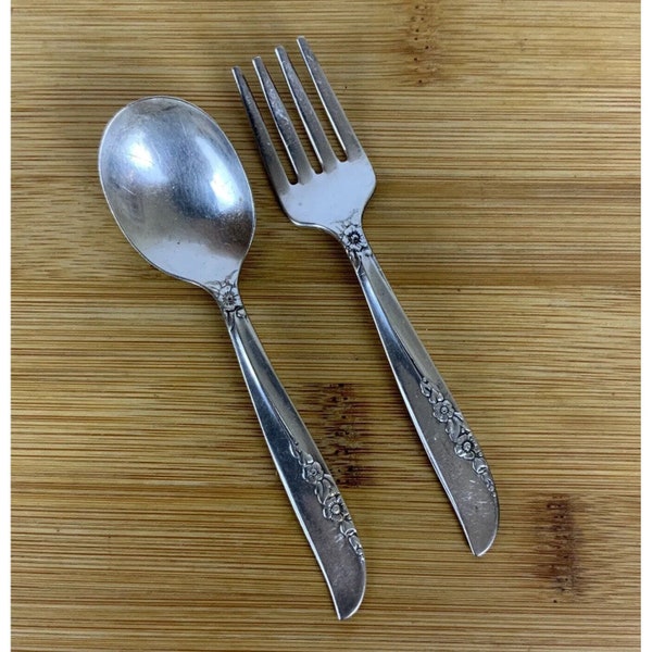 Oneida 1881 Rogers Lilac Time 2 Piece Baby Set Fork Spoon Silverplate Vtg 1957