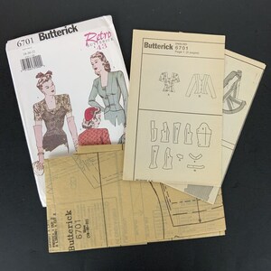 Może przedstawiać: Wzorzec szycia vintage do damskiej kurtki, Butterick numer 6701, z instrukcjami i elementami wzoru. Wz&oacute;r jest dla rozmiar&oacute;w 18-20-22.