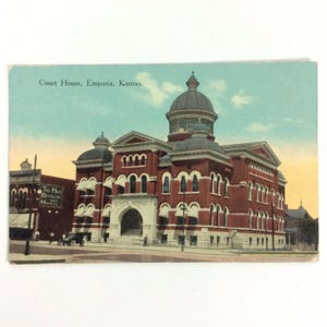 Court House Emporia KS Color Postcard Featuring Hub Restaurant & Hotel c1900s