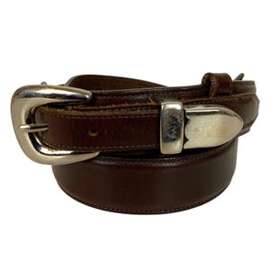 Mens Western Ranger Belt Leather Size 40 Silvertone Buckle Made In USA Brown