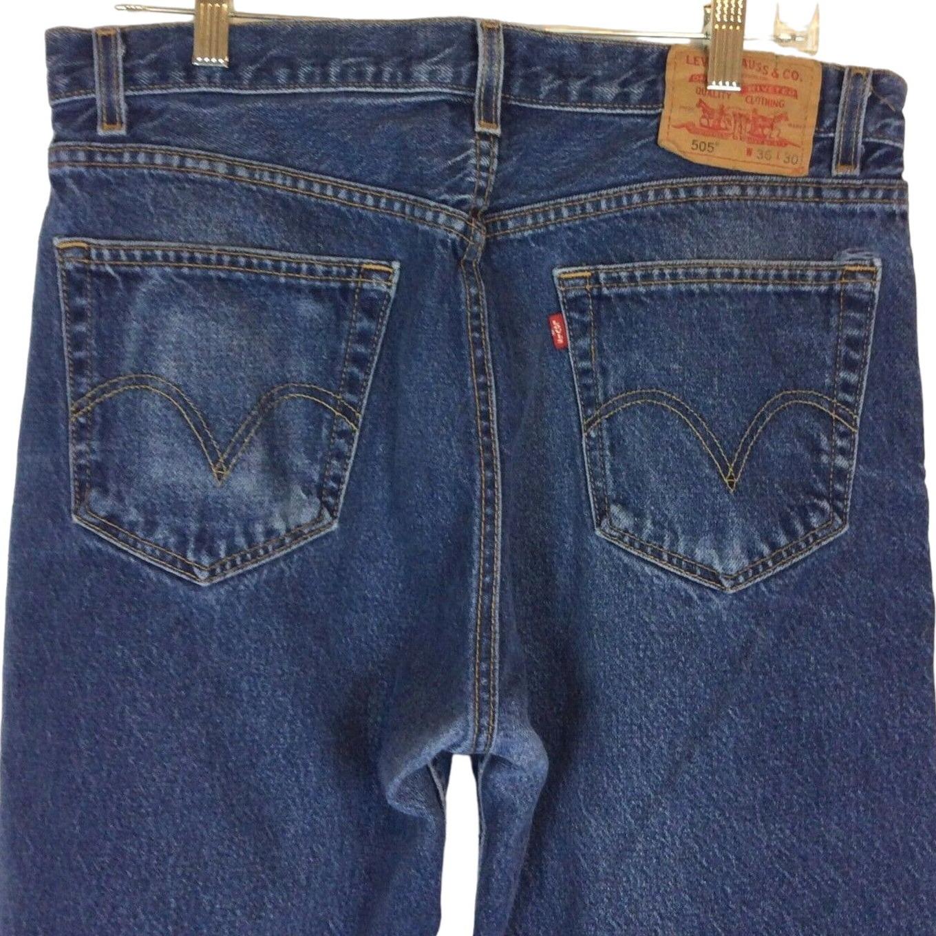 Levis 505 Mens Regular Fit Jeans 36x30 Medium Blue Distressed