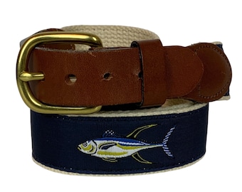 1980s-90s Fish Pattern Leather Belt by Orvis Outfitters  display picture 2