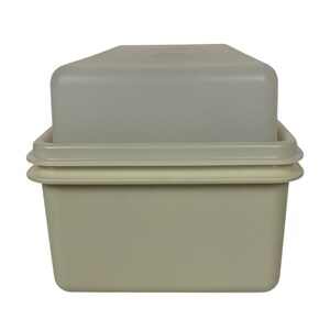 Pode incluir: Um recipiente de pl&aacute;stico bege claro de duas pe&ccedil;as com formato retangular. A pe&ccedil;a superior &eacute; uma tampa que se encaixa perfeitamente na base, criando um espa&ccedil;o de armazenamento selado. O recipiente &eacute; projetado para armazenar alimentos.