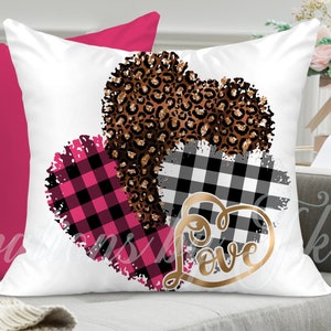 Rosa Triple Hearts Valentinstag Sublimation Design, Buffalo plaid & Leopard Herzen, Valentinstag digitales Design, Sublimation Downloads