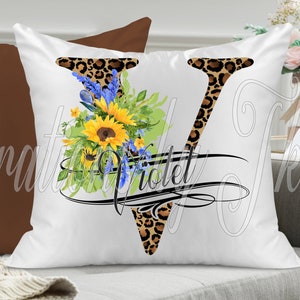 Leopard & Sonnenblumen Split Letter V Sublimation Design, 13 x 13, Monogramm bereit, für Tassen, Kissen, Fußmatten, etc, Sublimation Design