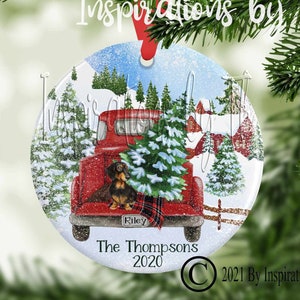 Dachshund 2 Black & Old Red Truck Christmas Ornament Design, Snow Scene, Ready to Personalize, Sublimation Design, Printable Art, Christmas
