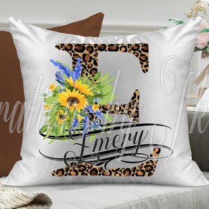 Design de sublimação de leopardo e girassóis com letra E dividida, 13 x 13, pronto para monograma, para canecas, travesseiros, capachos, etc., design de sublimação