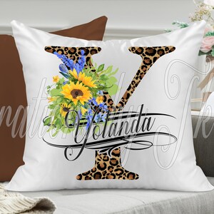 Design de sublimação de leopardo e girassóis divididos em letra Y, 13 x 13, pronto para monograma, para canecas, travesseiros, capachos, etc., design de sublimação