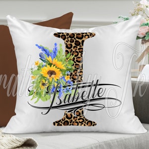 Design de sublimação de leopardo e girassóis divididos em letra I, 13 x 13, pronto para monograma, para canecas, travesseiros, capachos, etc., design de sublimação
