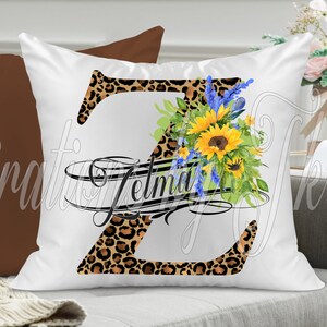 Design de sublimação de leopardo e girassóis com letra Z dividida, 13 x 13, pronto para monograma, para canecas, travesseiros, capachos, etc., design de sublimação