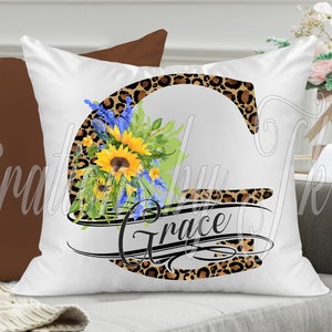 Design de sublimação de leopardo e girassóis com letra G dividida, 13 x 13, pronto para monograma, para canecas, travesseiros, capachos, etc., design de sublimação