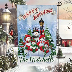 Happy Holiday Snowman Family Garden Flag, Farmhouse Country Christmas Flag, Ready to Personalize, Sublimation Design, Printable Artwork