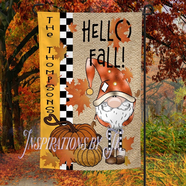 Gnome, Hello Fall Garden Flag Design, Autumn Flag, Ready to Personalize, Sublimation Design, Printable Artwork, Sublimation, Autumn Gnome